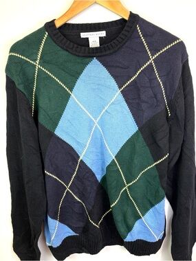 NWT Geoffrey Beene 00’s vintage Crewneck Sweater Blue and Green Argyle size M